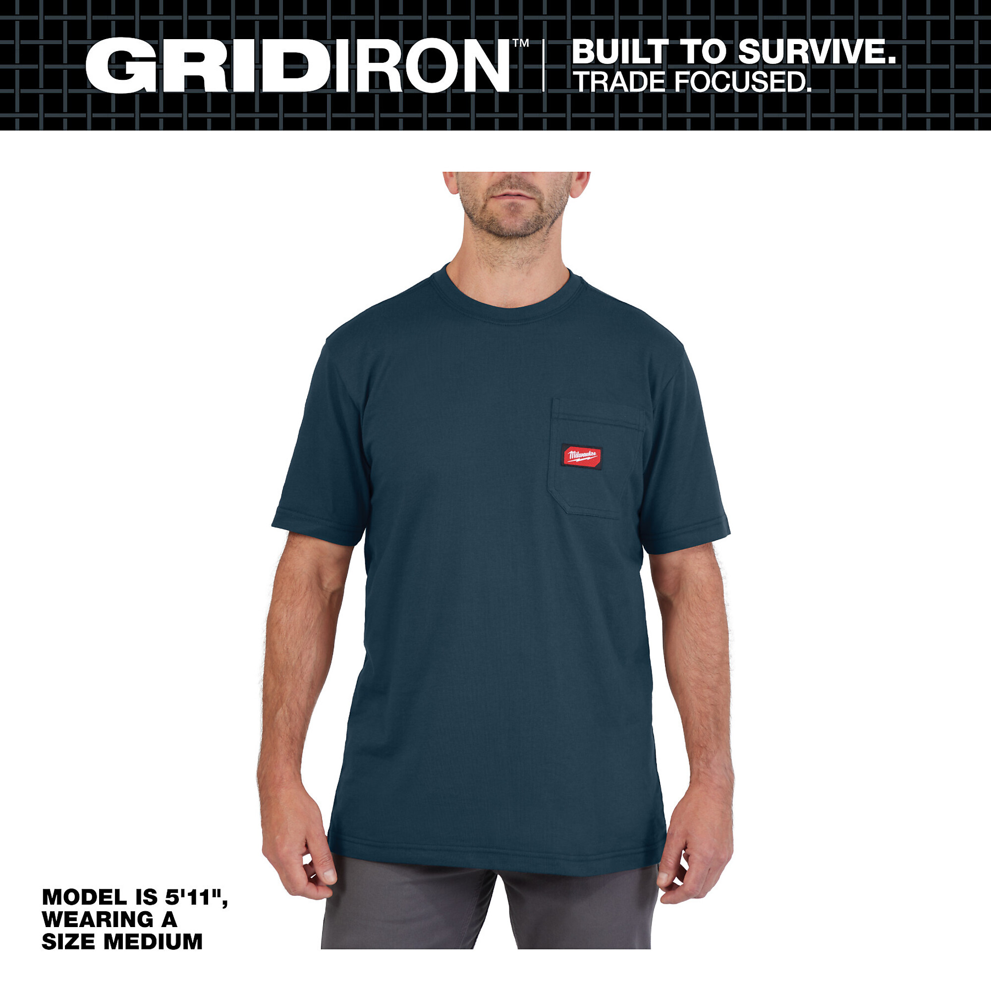 Milwaukee, GRIDIRON Pocket T-Shirt - Short Sleeve Blue - Medium, Size M, Model# 605BL-M